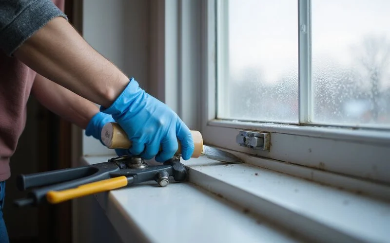 A homeowner applying fresh caulk along the exterior trim of a window in preparation for winter, autumn leaves visible