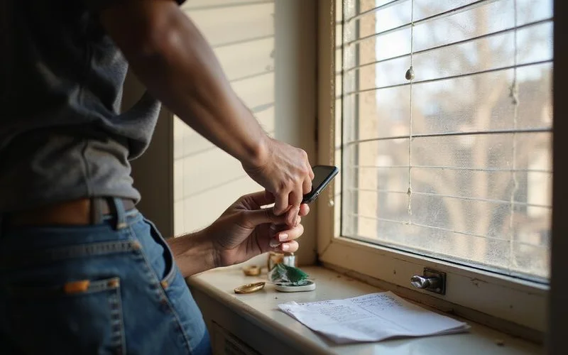 A tenant examining a window that won't close properly in an apartment, checking the frame and hardware