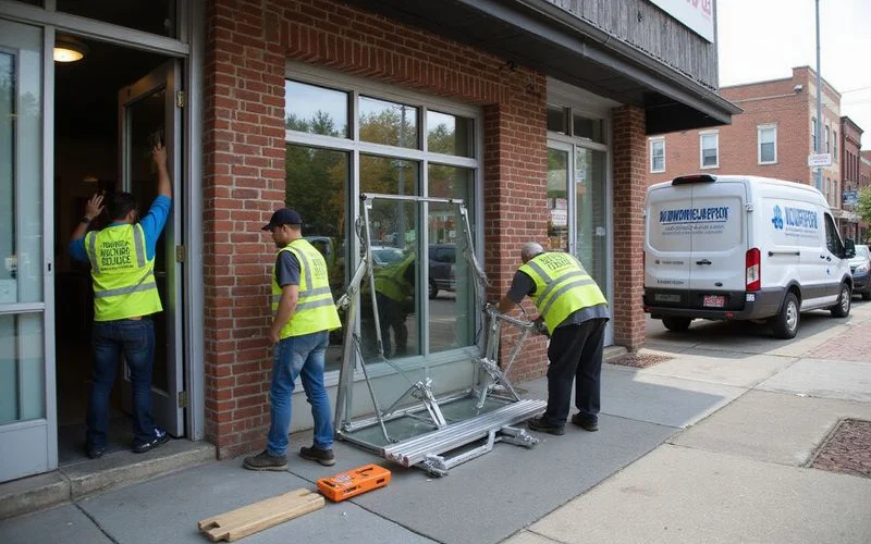 The exterior of a commercial storefront with large glazed windows being installed, scaffolding visible, daytime