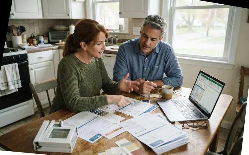 A homeowner reviewing a printed comparison sheet of local window installation companies at a kitchen table with a laptop open
