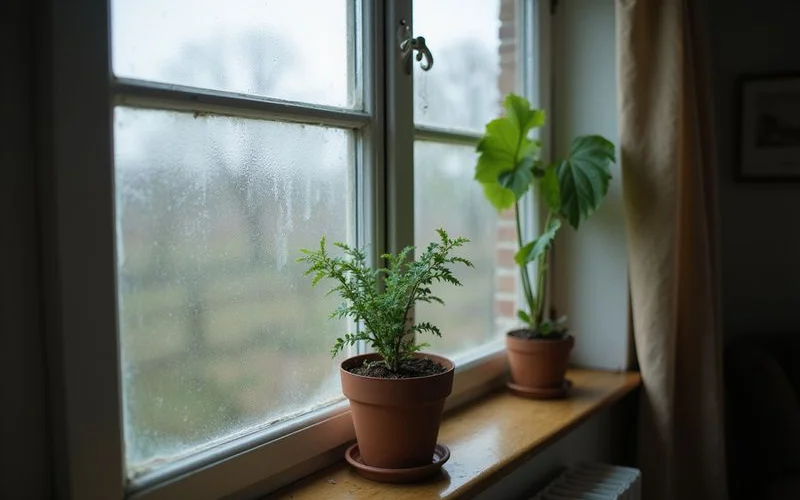 Frost or condensation visible on the interior corner of an older window frame during winter, close-up detail shot