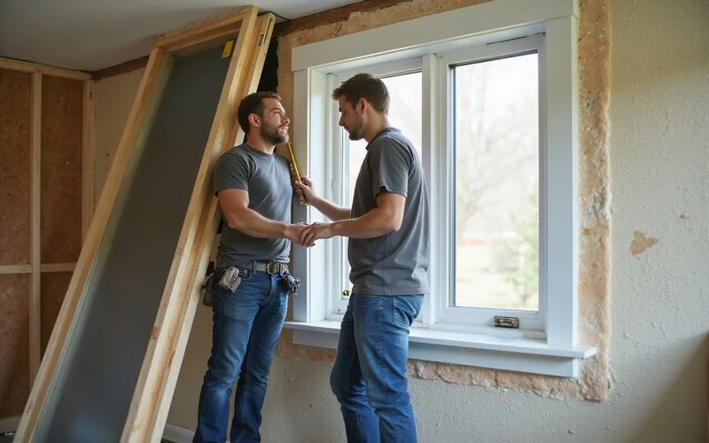 A two-person installation crew setting a new vinyl window into a wall opening, drop cloths on the floor, daylight through the opening