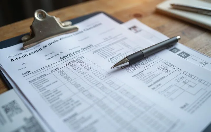 A building permit document and a window installation contract laid out side by side on a table