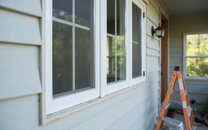 A row of newly installed white vinyl double-hung replacement windows on the exterior of a Connecticut home, daylight, clean trim work