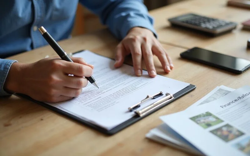 A homeowner and contractor reviewing a written estimate and financing paperwork together at a kitchen table