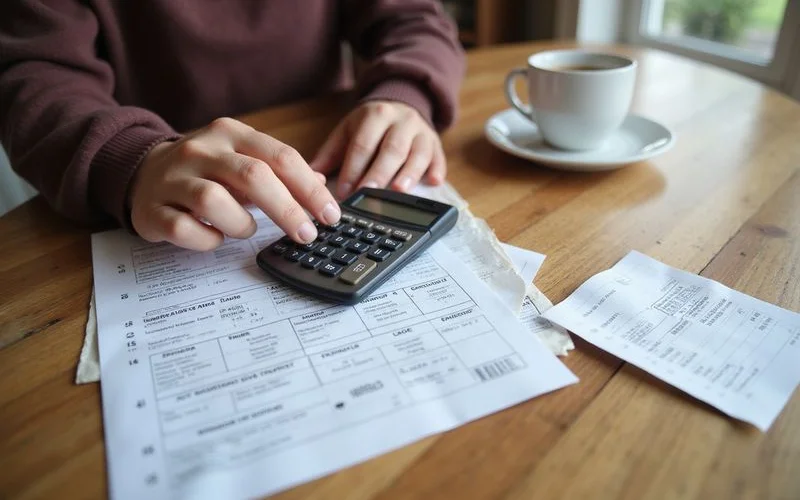 A homeowner reviewing paperwork and a laptop screen showing a tax form, window installation invoice visible on the table