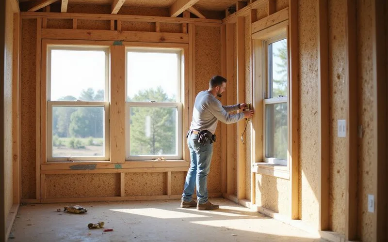 Framed rough openings for windows in a new home under construction, wood framing visible, no windows installed yet