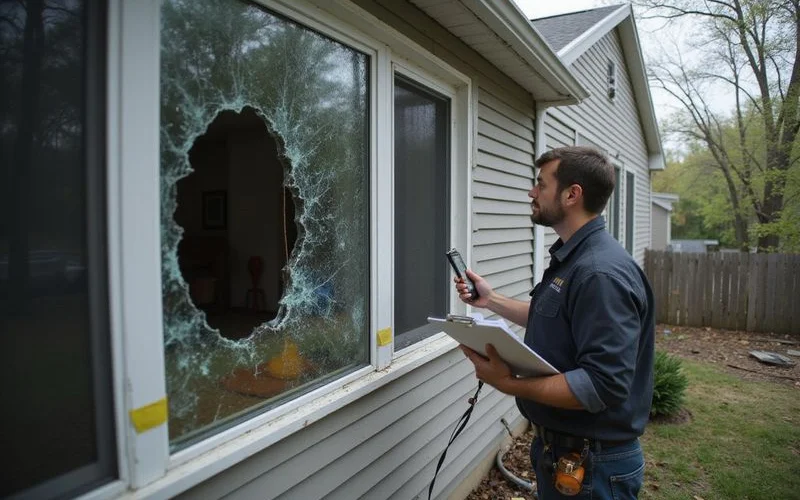 A window with visible storm damage, a small crack radiating across the glass, being inspected by a hand pointing at the crack