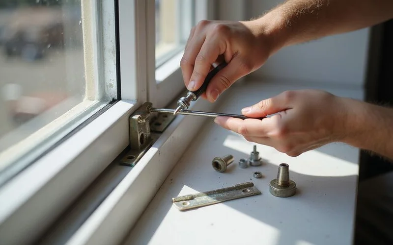 Close-up of a technician's gloved hands adjusting the hardware and sash balance inside a window frame during a repair visit