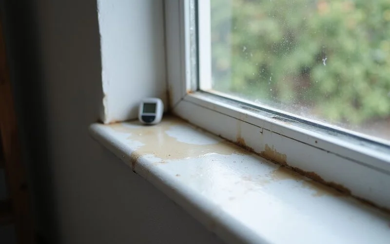 A close-up view of water staining and slight discoloration on interior drywall directly beneath a window sill