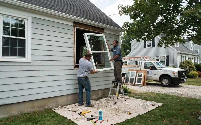 Close-up of a contractor measuring a window frame before installation with a tape measure and clipboard nearby
